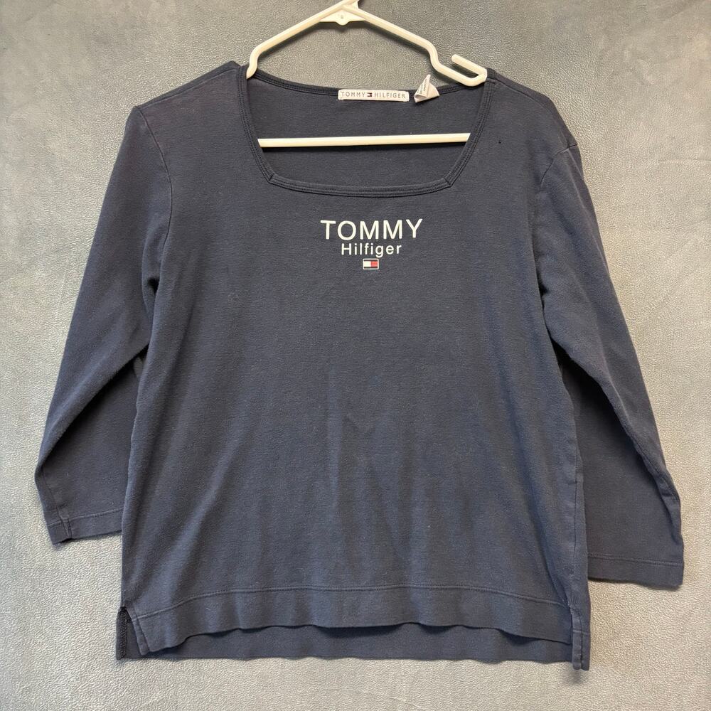 Tommy Hilfiger Logo Top Navy 3/4 Sleeve Y2K Preppy Women’s Large Preppy Comfy